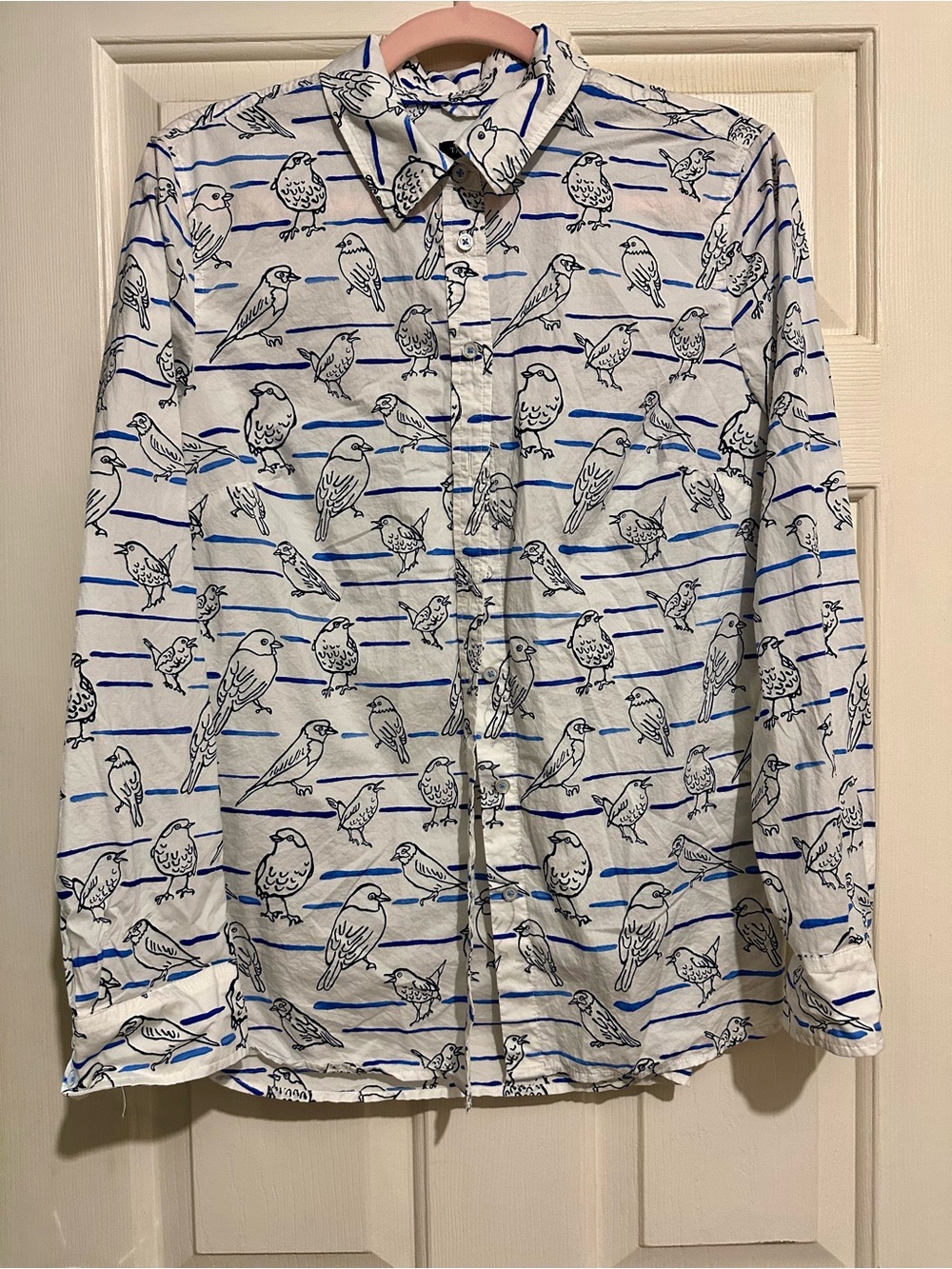 Talbots White Button-Down Shirt with Blue Bird Print